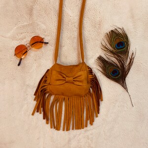 Kids Fringe Vegan Suede or Leather Crossbody Bag|Girls Purse|Super Cute Girls Gift|Dimensions: 4&quot;X5&quot;(9&quot; total length with fringes)