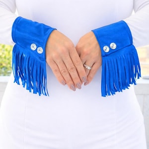 Encore Fringe Dance Wrist Cuffs | 60+ Colors | Kids Juniors Adults | Button Detail Performance Accessory | Western Disco