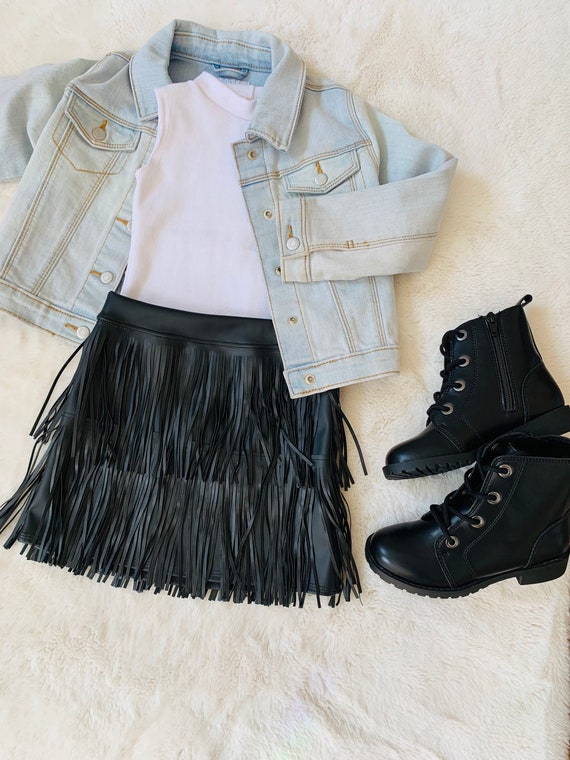 Girls Fringe Mini Skirtvegan Leather Faux Suede Lycra Spandexsleeveless Mock Neck Shirtgirls Skirtsboho Fringe Skirtswholesome Goods Etsy UK