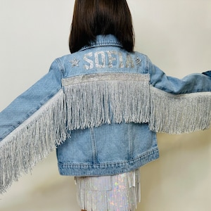 Custom Starlight Fringe Denim Jacket - Tailored Name Embellishment for Girls & Young Adults