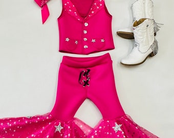 Dazzling Hot Pink Doll-Inspired Outfit for Kids (sold separately) Vest and Lace-Up Bell Bottoms with Super Sparkly Stars WholesomeGoodsCo