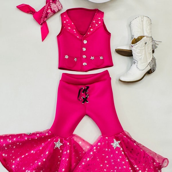 Dazzling Hot Pink Doll-Inspired Outfit for Kids (sold separately) Vest and Lace-Up Bell Bottoms with Super Sparkly Stars WholesomeGoodsCo