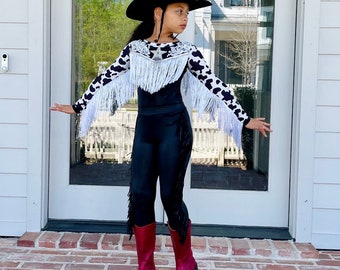 Western Glam Pageant Outfit: 'Let There Be Cowgirls' with Shimmering Black Mystique, Cow Print Accents & Tulle Skirt—By Wholesome Goods Co