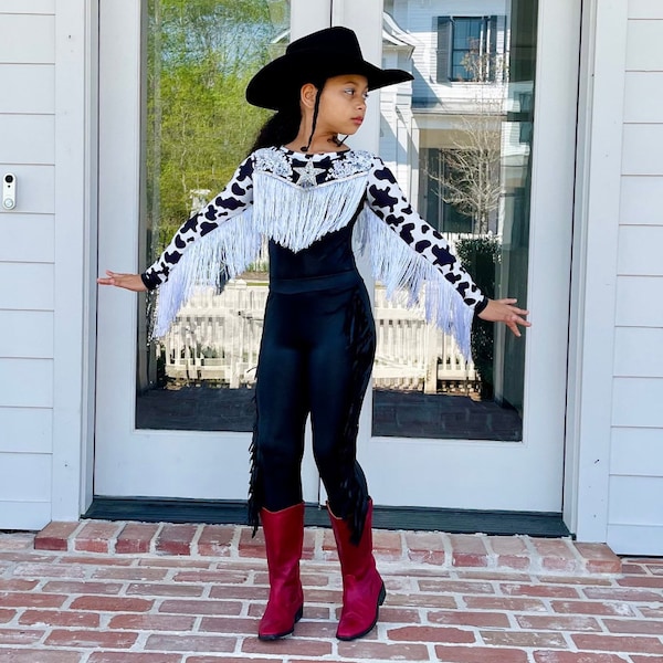 Western Glam Pageant Outfit: 'Let There Be Cowgirls' with Shimmering Black Mystique, Cow Print Accents & Tulle Skirt—By Wholesome Goods Co