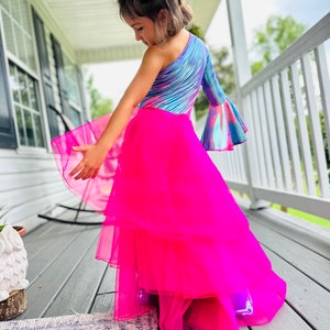 Custom Kids' Outfit: Tulle/Organza Layered Skirt Asymmetrical Jumpsuit, Choose Your Colors, Detachable Bow Belt, One-Shoulder Bell Bottoms image 4