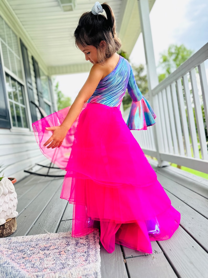 Custom Kids' Outfit: Tulle/Organza Layered Skirt Asymmetrical Jumpsuit, Choose Your Colors, Detachable Bow Belt, One-Shoulder Bell Bottoms image 4