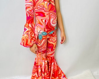 Dancing Queen Totally Retro Jumpsuit with Optional Concho Belt - Groovy '70s Disco Vibes|Flare Bell Jumpsuit|One Shoulder Jumpsuit