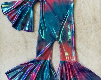 Metallic Tie Dye Dancing Queen Asymmetric Jumpsuit|Flare Bell Jumpsuit|One Shoulder Jumpsuit|Girl birthday outfits|Wholesome Goods Co|
