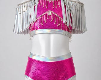 K-Pop Inspired Fringe Dance Outfit – Hot Pink Sequin Two Piece – Rhinestone Western Glam Set – Pageant, Stage & Performance Costume