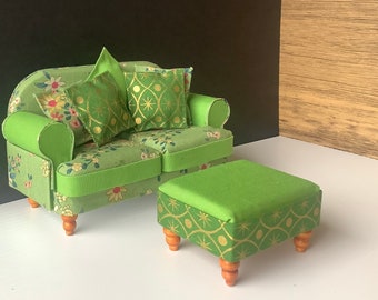 Handmade Miniature Sofa Ottoman Set Scale 1:12 Green Dollhouse Living Room Mother’s Day Easter Gift Two Seater Sofa  Dolls House furniture