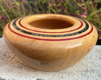 Pecan Wood Bowl: Snowflake Obsidian & Red Coral Inlay