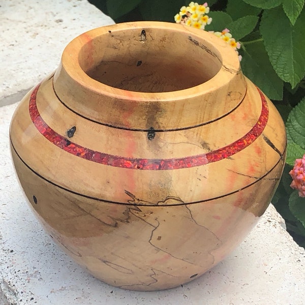 Southwest Flaming Box Elder Bowl with Genuine Dragon’s Eye Opal Inlay