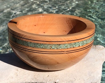 Attractive Cedar Elm Bowl with Turquoise Inlay