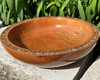Piękna afrykańska miska sosnowa z intarsją z prawdziwego abalonu Paua