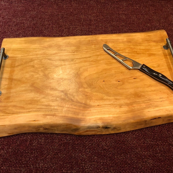 Large Figured Solid Cherry Serving Tray/Sushi Board/Charcuterie Board/Cutting Board/Cheeseboard/Centerpiece with 6" Iron Handles