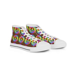 Rainbow Peace Sign Hippie Psychedelic Men&#39;s Shoes, (Brown) High Top Sneaker Gift for Hippie, Festival Sneakers, Psychedelic Shoes,