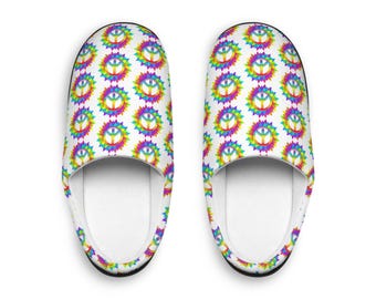 Chaussons signe de la paix arc-en-ciel : chaussures maison bohème cosy pour femmes