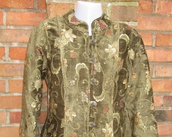 Damen Kurz Mantel Jacke S L Hippie Ornamente Vintage grün geblümt Alternativ