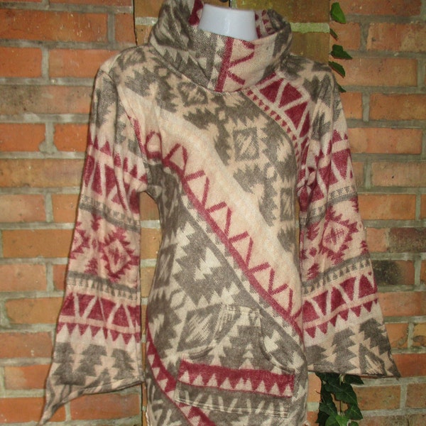 Pullover Poncho Wolle Kragen Fransen bunt beige S M L XL Hippie, Goa ethno Herbst Winter Einheitsgröße mit Taschen Wollpullover