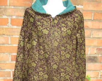 Damen Jacke Kurzmantel Gr. L XL Kragen Goa Hippie Alternativ Mittelalter Wolljacke grün schwarz Musterung Übergangsjacke