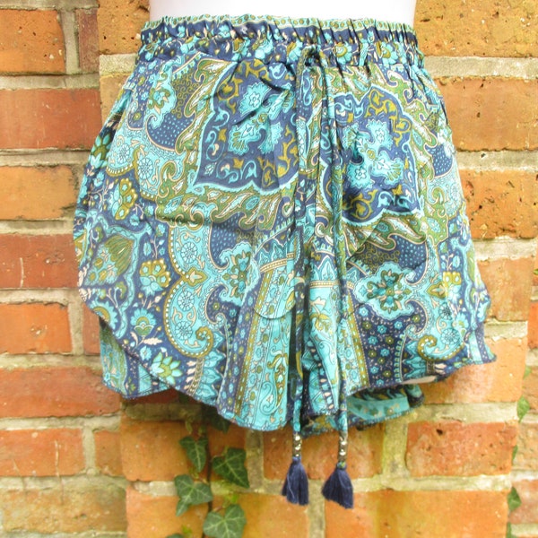 Short Pants Shorts Bermuda Silk Pants Sari Pants Pants Skirt Skirt Silk Hippie Goa Colorful Blue Summer Pants