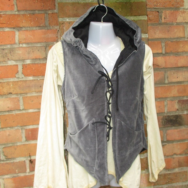 Weste Jacke Samt Hippie Vintage S/M M/L Hippie Goa ethno  Mittelalter grau Kapuze alternativ Festival