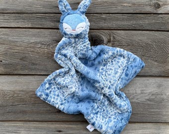 Fawn Baby Lovey – Blue Minky Security Blanket, Handmade