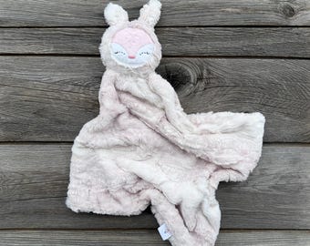 Handmade Fawn Baby Lovey – Pink Minky Security Blanket