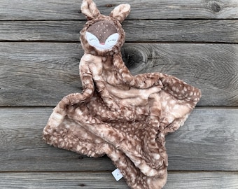 Handmade Fawn Minky Baby Lovey – Embroidered Security Blanket