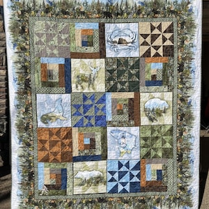 Pacific Northwest Bigfoot Lap Quilt – 69" x 80" – Jason Yenter Fabrics – Minky Back – Mountain & Forest Quilting