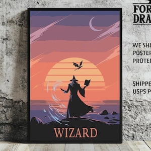 Wizard Minimalist Poster | Fantasy Art Print, Sunset Magic Wall Decor for rpg Fans & Enthusiasts, Perfect Gift for Wizards