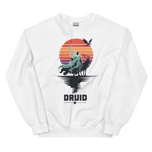 Druid Sweatshirt | Retro Fantasy Pullover with Deer and Dragon | Cozy Gamer Top for RPG Fans & Nature Lovers