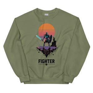 Fighter Sweatshirt | Retro Fantasy Design Pullover for RPG Fans, Cozy Gamer Outfit with Sword & Shield, Perfect for Adventurers