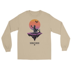 Retro tovenaar met lange mouwen | Fantasy-rpg-shirt | rpg-klassekleding | Cadeau voor gamers | Sorcerer-shirt in jaren 80-stijl met zonsondergangkunst