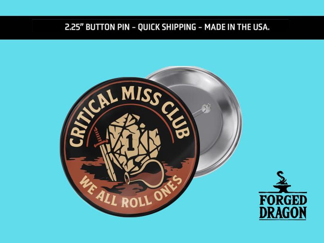 Tabletop Humor Critical Miss Club Button Pin, RPG Dice Humor Keychain ...