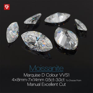 May include: A group of six clear marquise cut moissanite stones on a black background. The stones are 4x8mm-7x14mm and range in size from 0.5ct to 3.0ct. The stones are described as D color and VVS1 clarity. The text "Moissanite" is written in large letters at the bottom of the image. The text "Marquise D Colour VVS1" is written below the word "Moissanite". The text "4x8mm-7x14mm 0.5ct-3.0ct To Choose From" is written below the text "Marquise D Colour VVS1". The text "Manual Excellent Cut" is written below the text "4x8mm-7x14mm 0.5ct-3.0ct To Choose From".