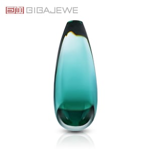 May include: A teal glass vase with a rounded bottom and a slightly flared opening. The vase has a gradient of color, with a darker teal at the bottom and a lighter teal at the top.