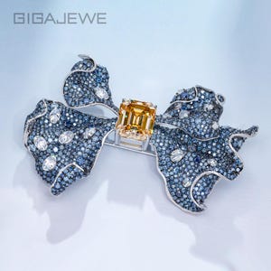 GIGAJEWE Total 36.52ct Natural Blue and Gold Color Emerald cut Moissanite 925 Silver Plated 18K Brooches Moissanite Brooches,Silver Brooch