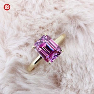 GIGAJEWE 3ct Pink color 7X9mm Emerald Cut Ring Moissanite 9K/14K/18K Yellow Gold , Moissanite Ring, Engagement Ring, Women Gift