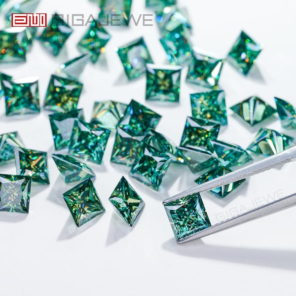 GIGAJEWE Blue Green color Princess Cut Machine Cut Moissanite Loose Gemstone With Certificate by Excellent Cut  For Jewelry Making