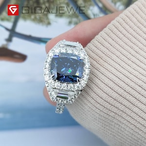 Vivid Blue Unbeschichtete Farbe 6.5ct längliche Kissen Ring Moissanite 9K / 14K / 18K Weißgold, Moissanite Ring, Verlobungsring, Weihnachtsgeschenk