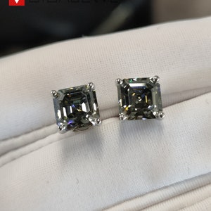 4.0 CT 7mm Gray color Asscher Cut 18k White Gold Stud Earring Push Back , Moissanite Stud Earrings, White Sapphire Earrings, Unisex Earrings