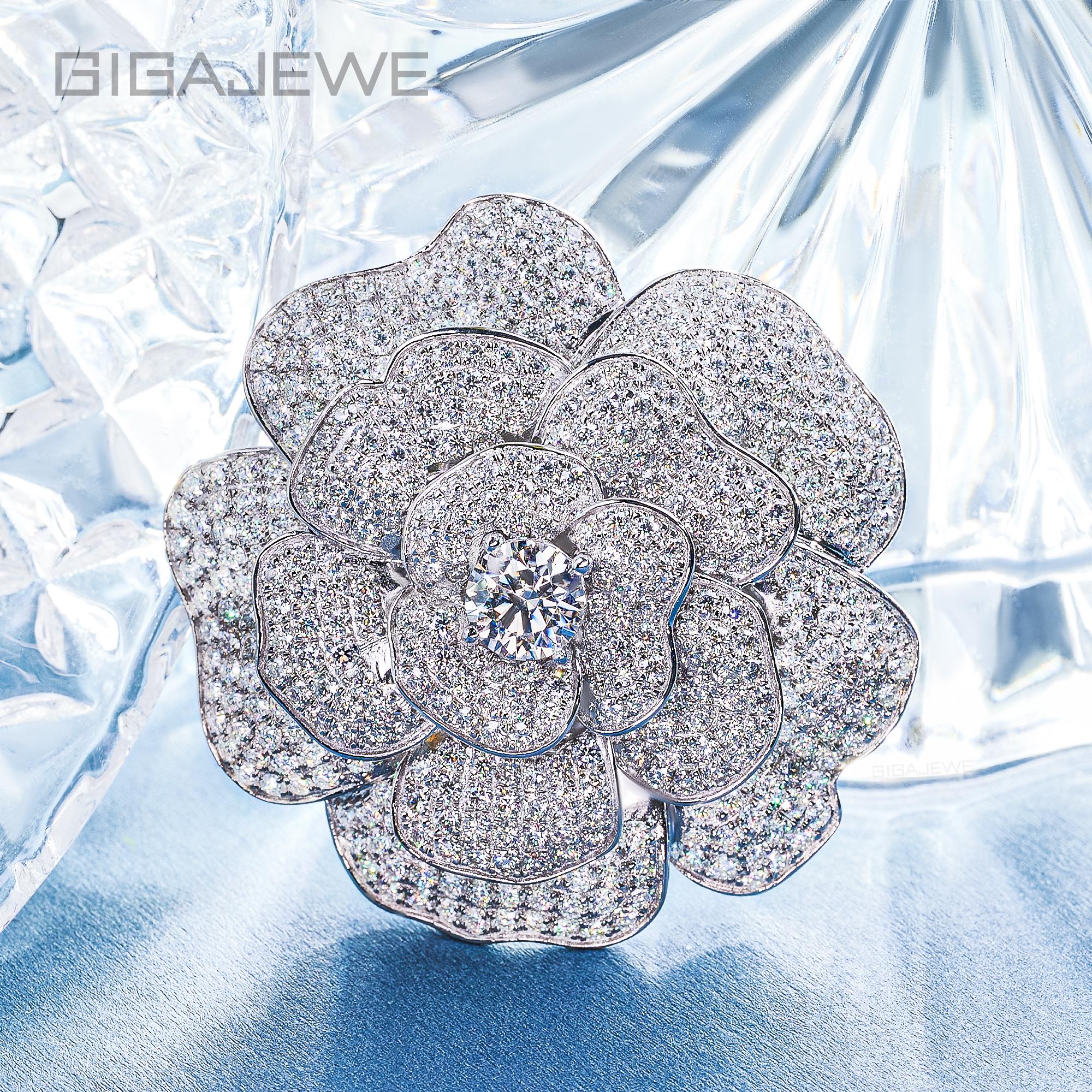 GIGAJEWE Total 8ct DEF white  color moissanite Brooches 925 Silver Plated 18K White Gold Brooches  Moissanite Brooches,Flower Brooches