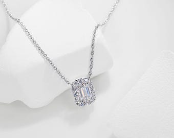 Emerald Cut Lab Grown Diamond Necklace, 9K/14K/18K White Gold