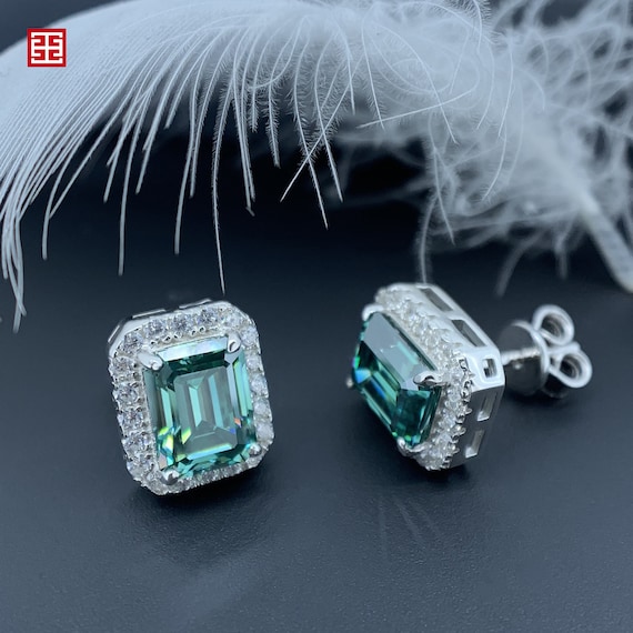 GIGAJEWE Emerald Cut Green Moissanite Earrings, 9K White Gold Studs, 5ct