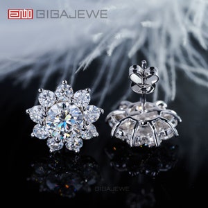 GIGAJEWE White Solid Gold 9K/14K/18K Earrings 6.5mm Round Cut White Color Push Back Moissanite Earrings ,Flower Stud Earrings