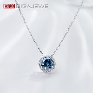 GIGAJEWE 1.0ct White Gold 9K/14K/18K Necklace 6.5mm Round cut Natural Blue Color Moissanite Necklace ,Gold Necklace,Women Gifts