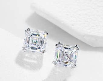 GIGAJEWE 4.0 CT Asscher Cut Moissanite Stud Earrings, 9K/14K/18k White Gold
