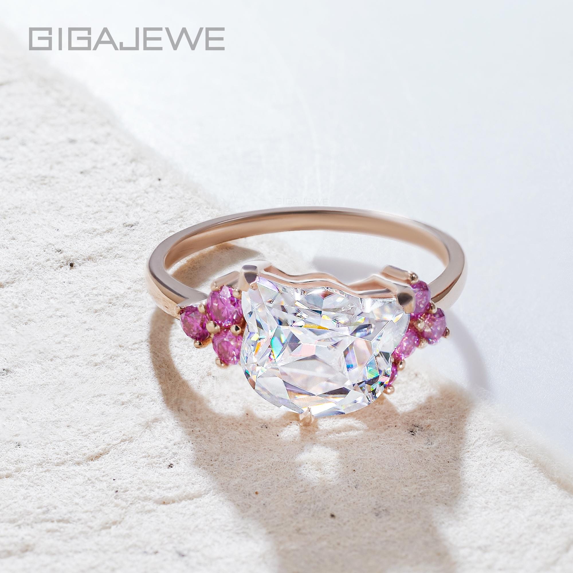 GIGAJEWE キャットカット ホワイト モアッサナイト リング：9K/14K/18K 