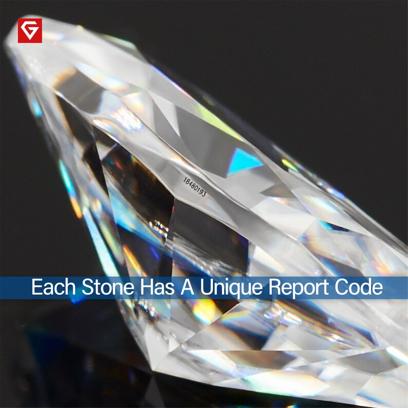 May include: Close-up of a clear, faceted gemstone with a unique report code, "18480193", etched on the side. Each stone has a unique report code.